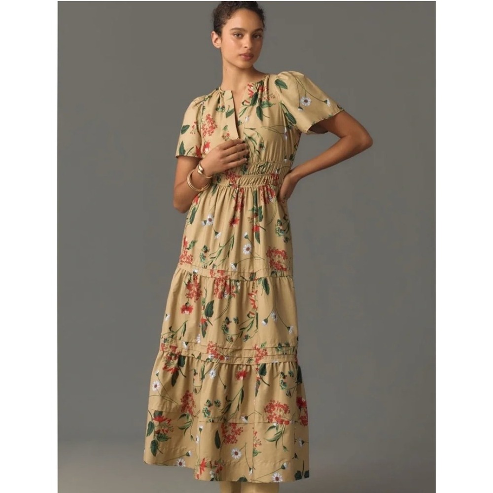 Anthropologie Somerset Maxi Dress XL Khaki Floral Cotton Smocked Waist Boho